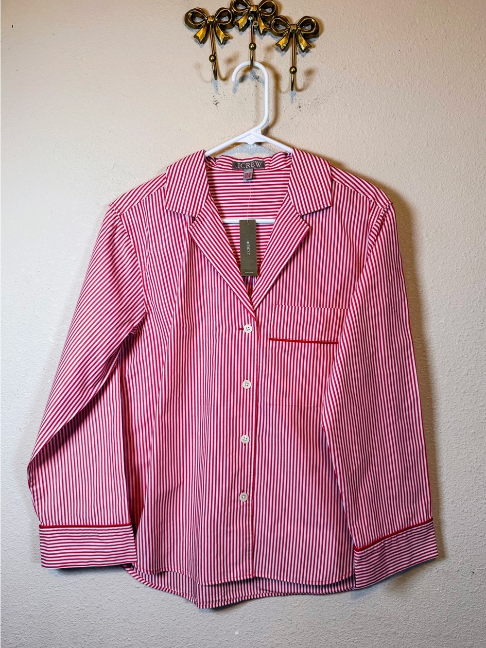 J. Crew Red & White Striped Button Down PJ Top w/Red Piping. 100% Cotton Size XS
